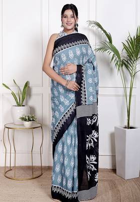 Women blue pure cotton printed bandhej ehtnic saree aay-94 1