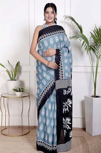 Women blue pure cotton printed bandhej ehtnic saree aay-94