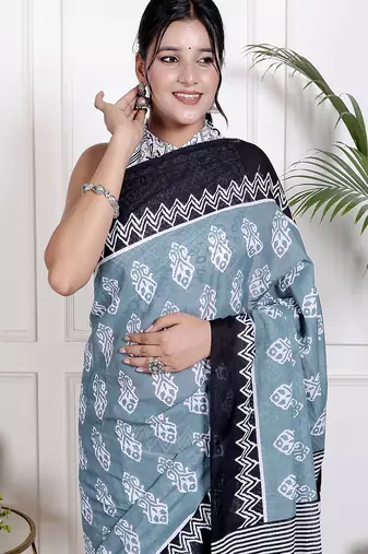 Women blue pure cotton printed bandhej ehtnic saree aay-94