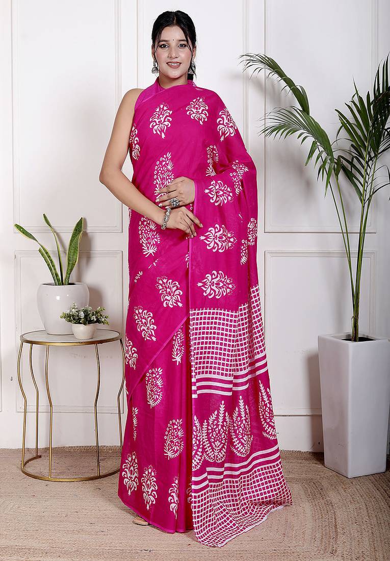 Women pink pure cotton printed bandhej ehtnic saree aay-95