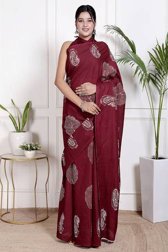 Women red pure cotton printed bandhej ehtnic saree aay-96