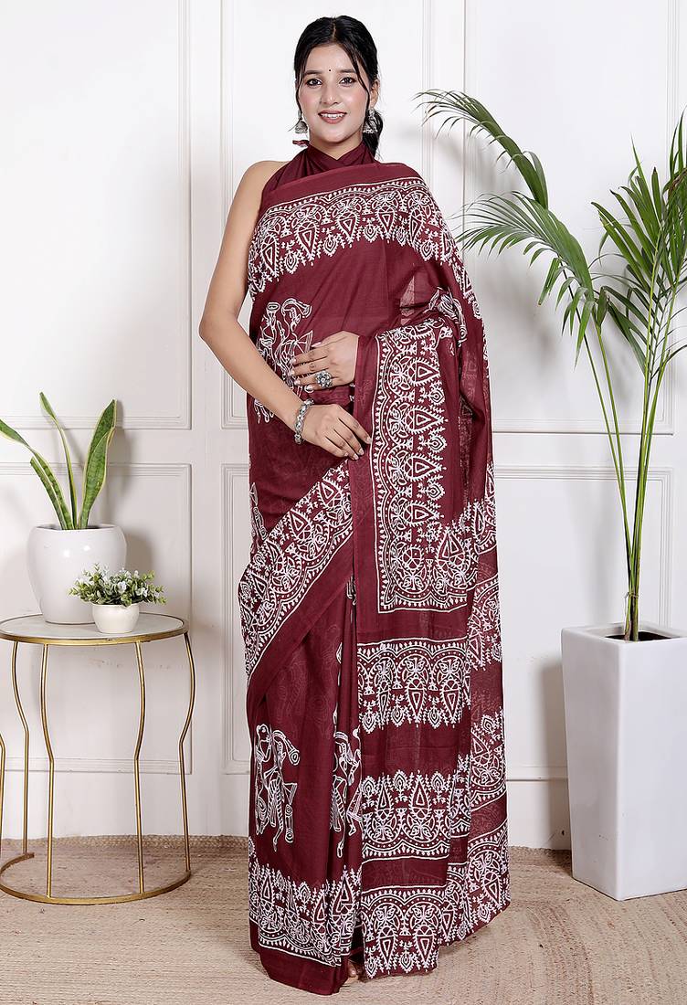 Women red pure cotton printed bandhej ehtnic saree aay-98