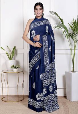 Women blue pure cotton printed bandhej ehtnic saree aay-99 1