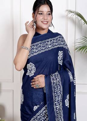 Women blue pure cotton printed bandhej ehtnic saree aay-99 3
