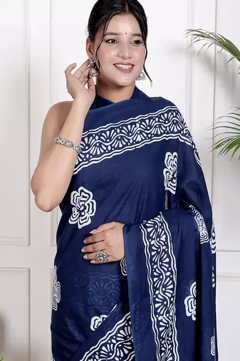 Women blue pure cotton printed bandhej ehtnic saree aay-99