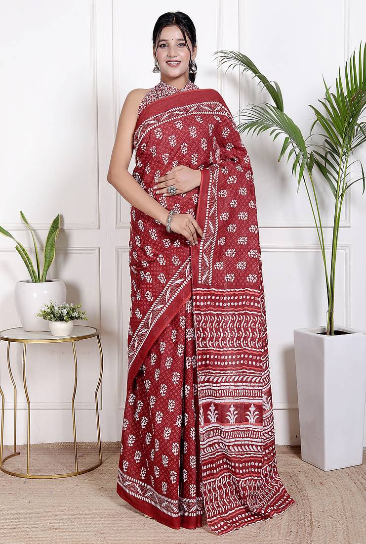 Women red pure cotton printed bandhej ehtnic saree aay-100