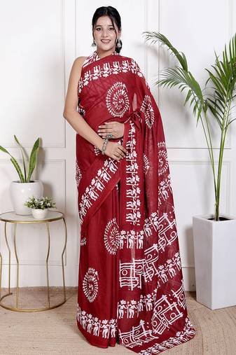 Women red pure cotton printed bandhej ehtnic saree aay-101