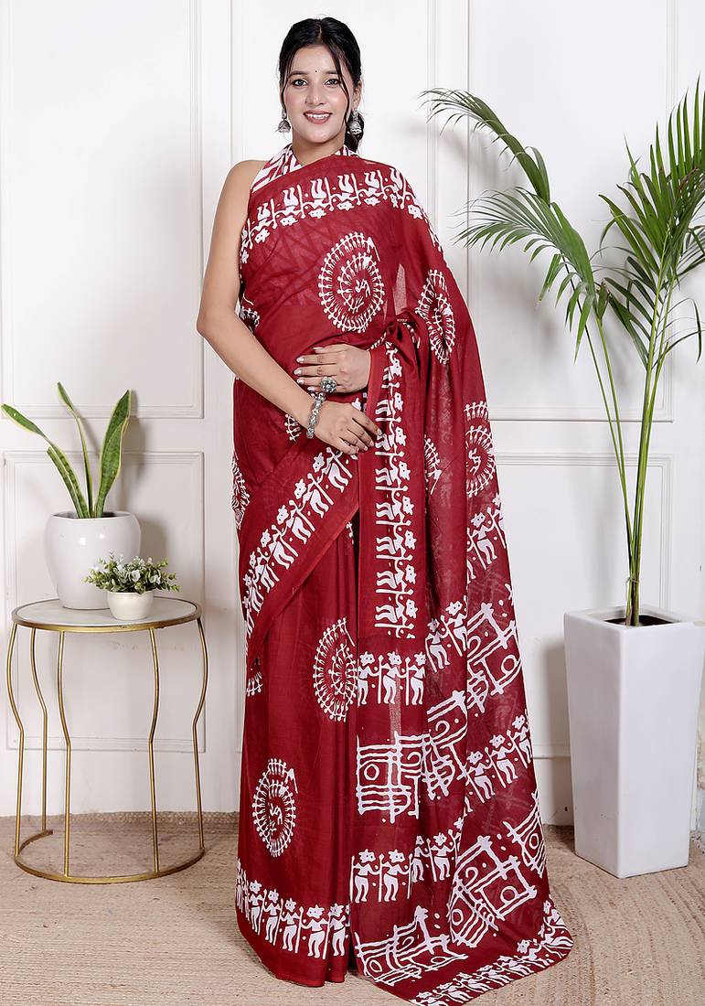 Women red pure cotton printed bandhej ehtnic saree aay-101