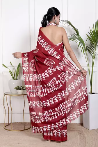 Women red pure cotton printed bandhej ehtnic saree aay-101