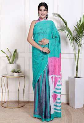 Women sky blue pure cotton printed bandhej ehtnic saree aay-102 1