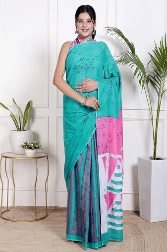 Women sky blue pure cotton printed bandhej ehtnic saree aay-102