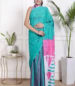 Women sky blue pure cotton printed bandhej ehtnic saree aay-102
