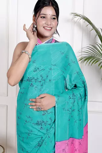 Women sky blue pure cotton printed bandhej ehtnic saree aay-102