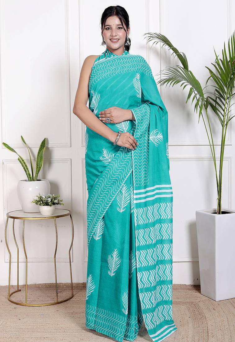 Women sky blue pure cotton printed bandhej ehtnic saree aay-103