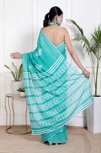 Women sky blue pure cotton printed bandhej ehtnic saree aay-103