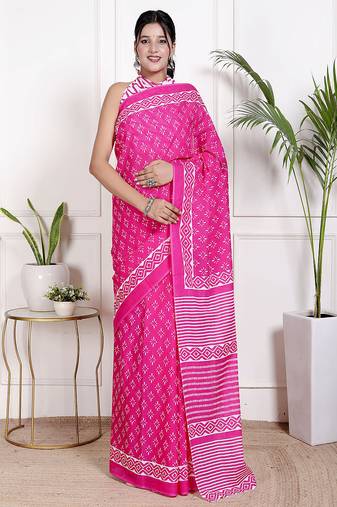 Women pink pure cotton printed bandhej ehtnic saree aay-104