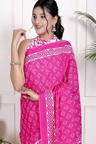 Women pink pure cotton printed bandhej ehtnic saree aay-104