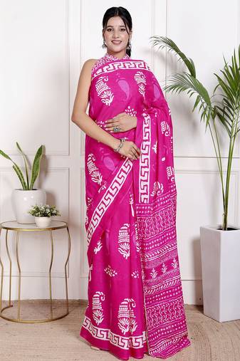 Women pink pure cotton printed bandhej ehtnic saree aay-105
