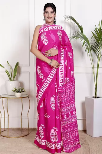 Women pink pure cotton printed bandhej ehtnic saree aay-105