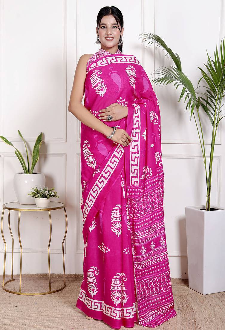Women pink pure cotton printed bandhej ehtnic saree aay-105