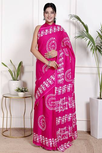 Women pink pure cotton printed bandhej ehtnic saree aay-106