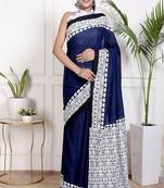 Women blue pure cotton printed bandhej ehtnic saree aay-107
