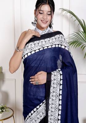 Women blue pure cotton printed bandhej ehtnic saree aay-107 3