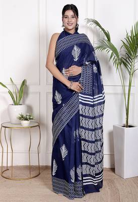 Women blue pure cotton printed bandhej ehtnic saree aay-108 1