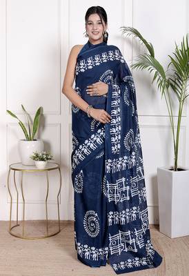 Women blue pure cotton printed bandhej ehtnic saree aay-109 1