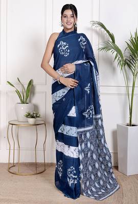 Women blue pure cotton printed bandhej ehtnic saree aay-110 1