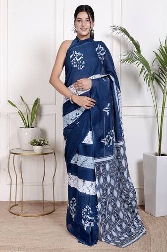 Women blue pure cotton printed bandhej ehtnic saree aay-110