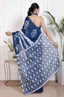 Women blue pure cotton printed bandhej ehtnic saree aay-110 2