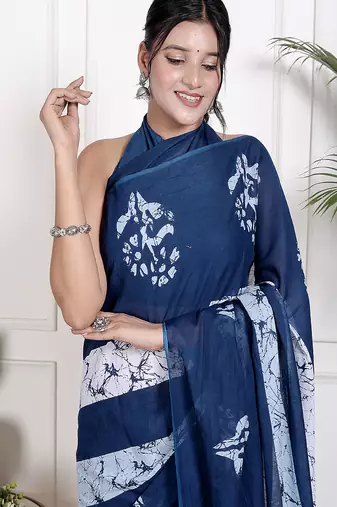 Women blue pure cotton printed bandhej ehtnic saree aay-110