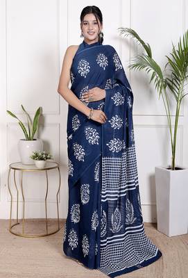 Women blue pure cotton printed bandhej ehtnic saree aay-111 1
