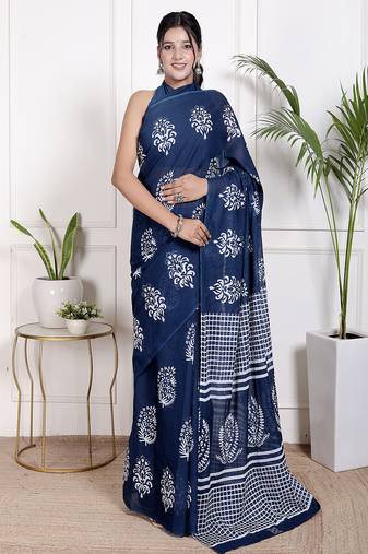 Women blue pure cotton printed bandhej ehtnic saree aay-111