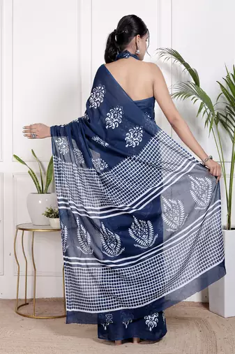 Women blue pure cotton printed bandhej ehtnic saree aay-111