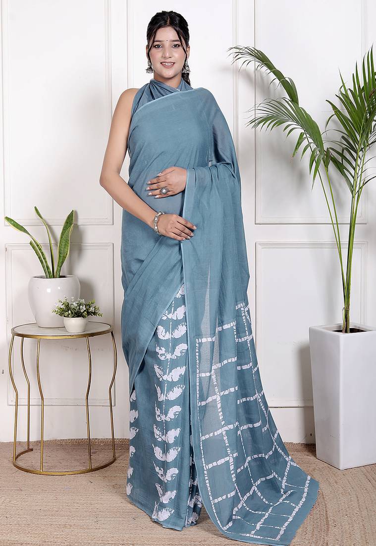 Women blue pure cotton printed bandhej ehtnic saree aay-112