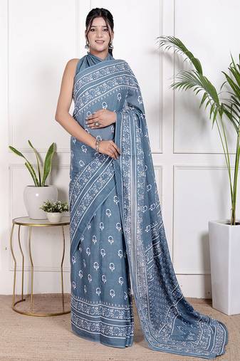 Women blue pure cotton printed bandhej ehtnic saree aay-113