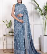 Women blue pure cotton printed bandhej ehtnic saree aay-113