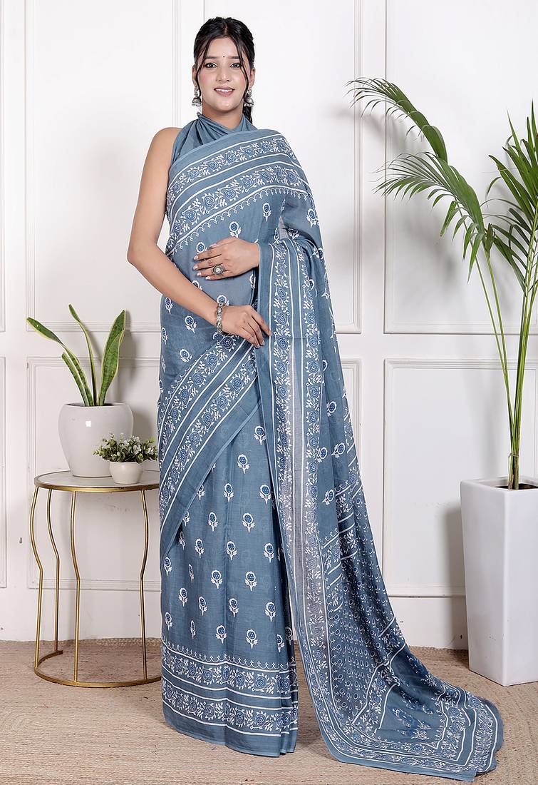 Women blue pure cotton printed bandhej ehtnic saree aay-113