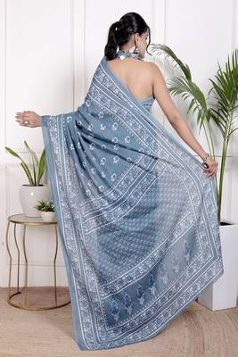 Women blue pure cotton printed bandhej ehtnic saree aay-113 2