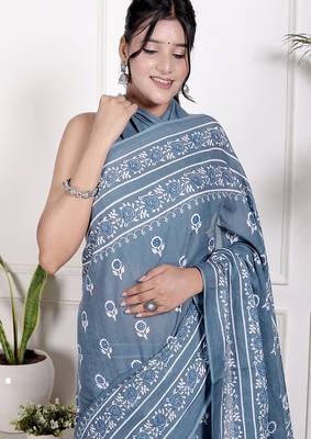 Women blue pure cotton printed bandhej ehtnic saree aay-113 3