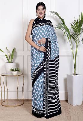 Women blue pure cotton printed bandhej ehtnic saree aay-114 1