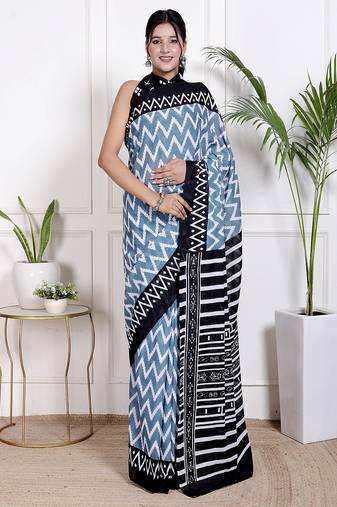 Women blue pure cotton printed bandhej ehtnic saree aay-114