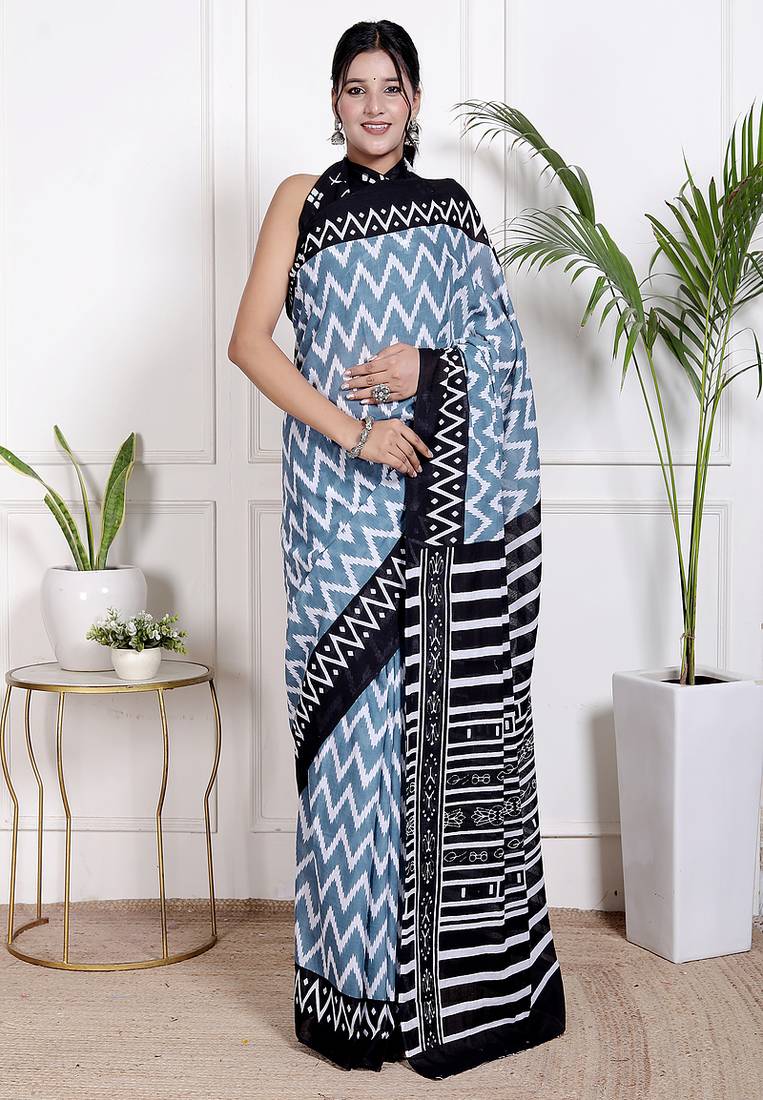 Women blue pure cotton printed bandhej ehtnic saree aay-114
