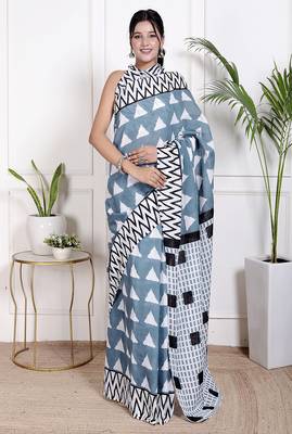 Women blue pure cotton printed bandhej ehtnic saree aay-116 1
