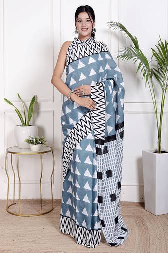 Women blue pure cotton printed bandhej ehtnic saree aay-116