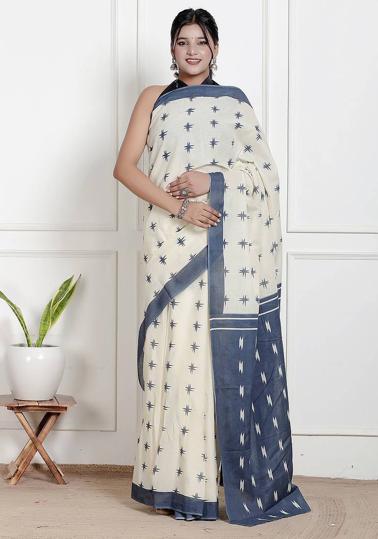 Women cream pure cotton printed bandhej ehtnic saree aay-117