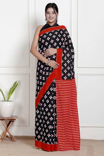 Women black pure cotton printed bandhej ehtnic saree aay-118