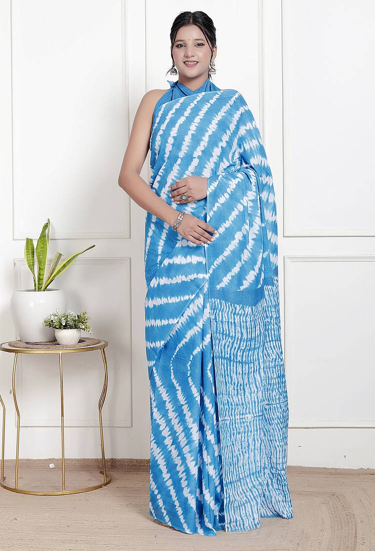 Women sky blue pure cotton printed bandhej ehtnic saree aay-119